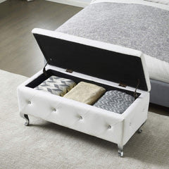 Upholstered Storage Ottoman Bench For Bedroom End Of Bed Faux Leather Rectangular Storage Benches Footrest With Crystal Buttons For Living Room Entryway (White)