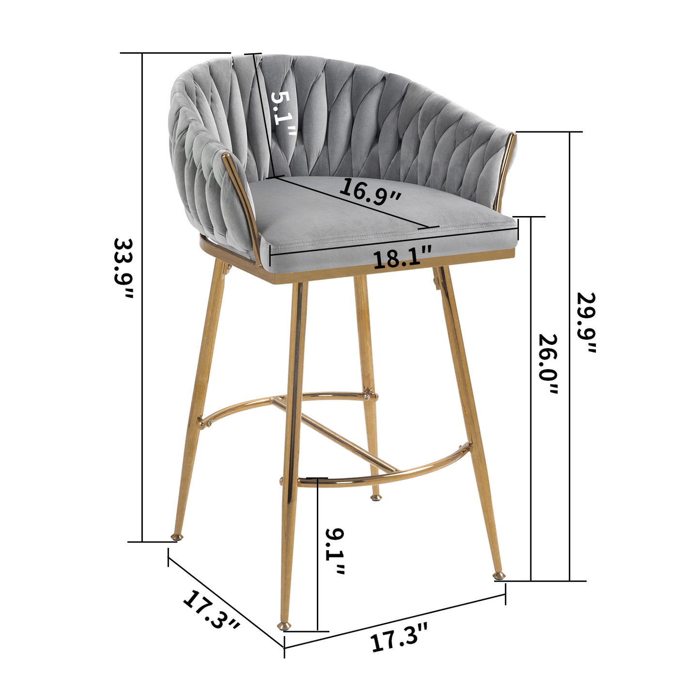 26'' Counter height bar stools Set of 2,velvet kitchen island counter bar stool with hand- wave back,golden chromed base and foot rest(GREY) image 8