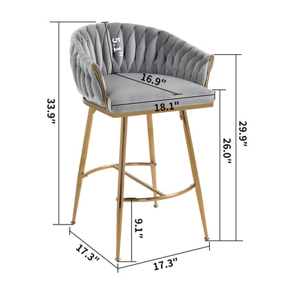 26'' Counter height bar stools Set of 2,velvet kitchen island counter bar stool with hand- wave back,golden chromed base and foot rest(GREY) image 8