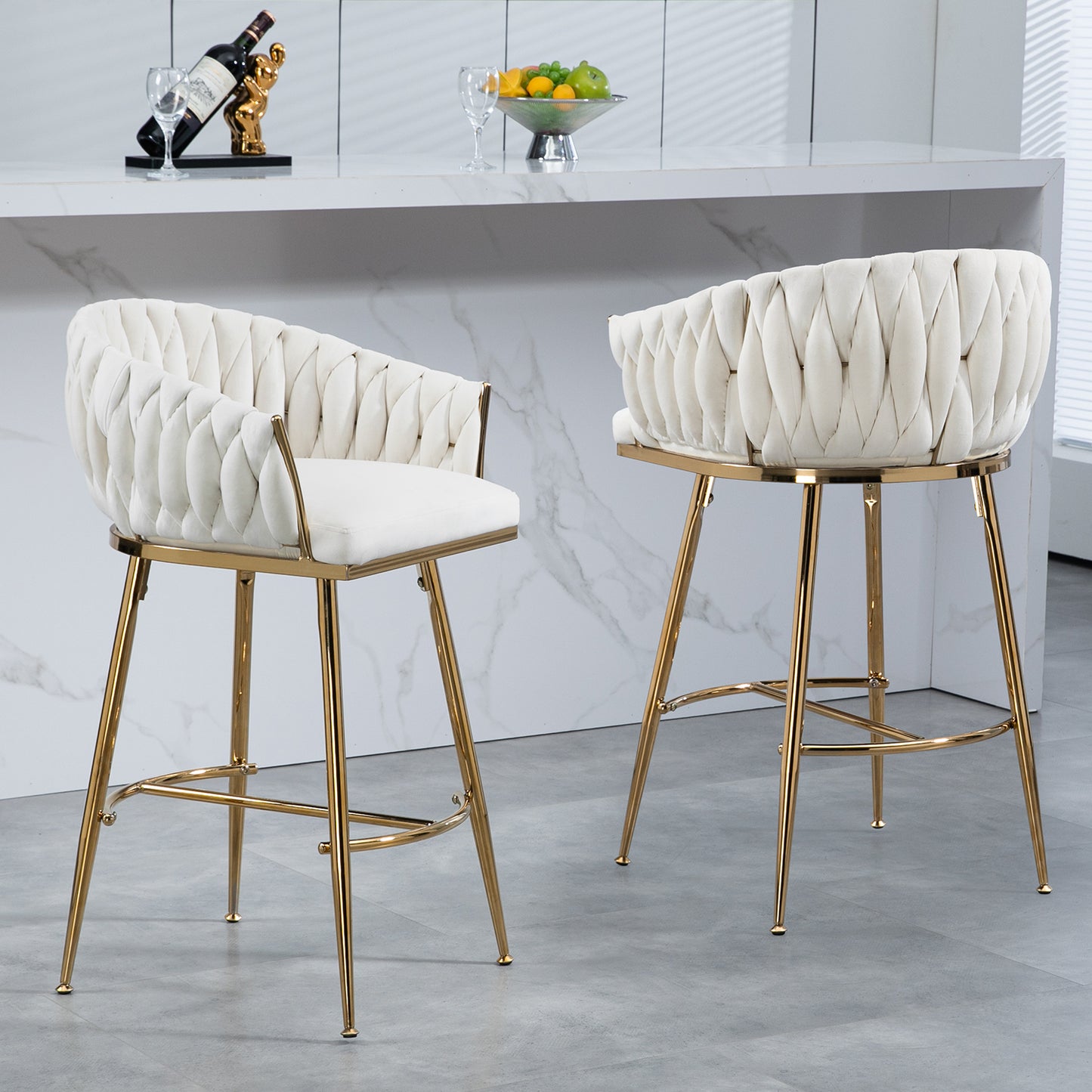 26'' Counter height bar stools velvet kitchen island counter bar stool with hand- wave back,golden chromed base and footrest (BEIGE) image 1
