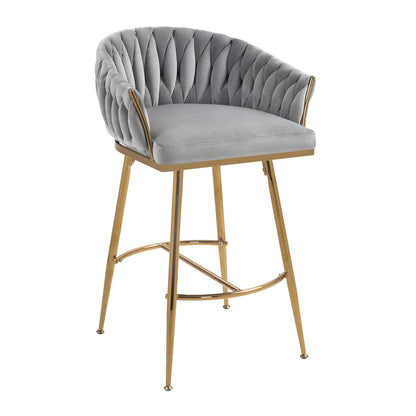 26'' Counter height bar stools Set of 2,velvet kitchen island counter bar stool with hand- wave back,golden chromed base and foot rest(GREY) image 4