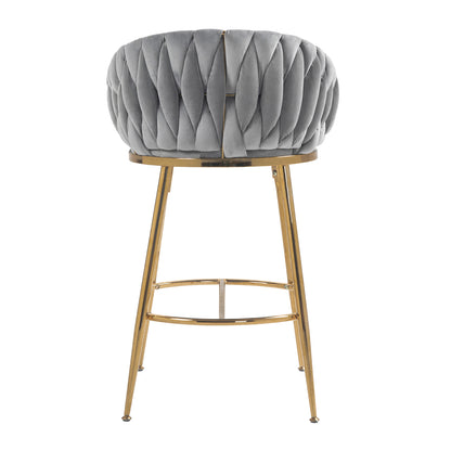 26'' Counter height bar stools Set of 2,velvet kitchen island counter bar stool with hand- wave back,golden chromed base and foot rest(GREY) image 7
