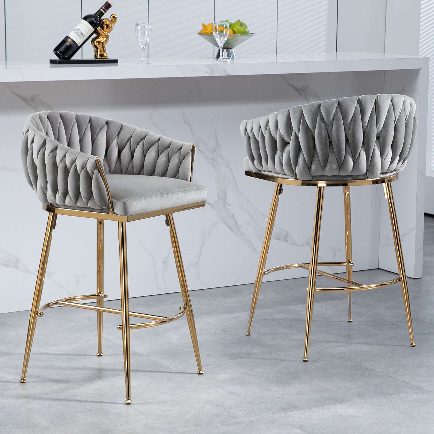 26'' Counter height bar stools Set of 2,velvet kitchen island counter bar stool with hand- wave back,golden chromed base and foot rest(GREY) image 1