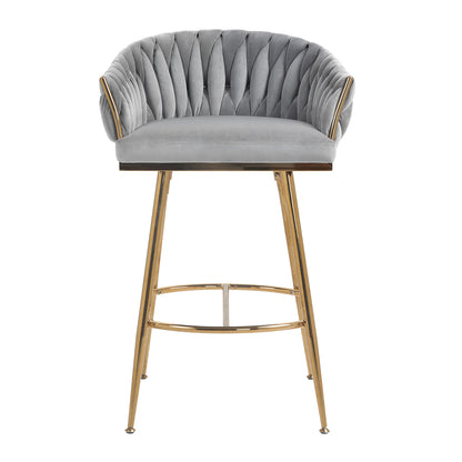 26'' Counter height bar stools Set of 2,velvet kitchen island counter bar stool with hand- wave back,golden chromed base and foot rest(GREY) image 3