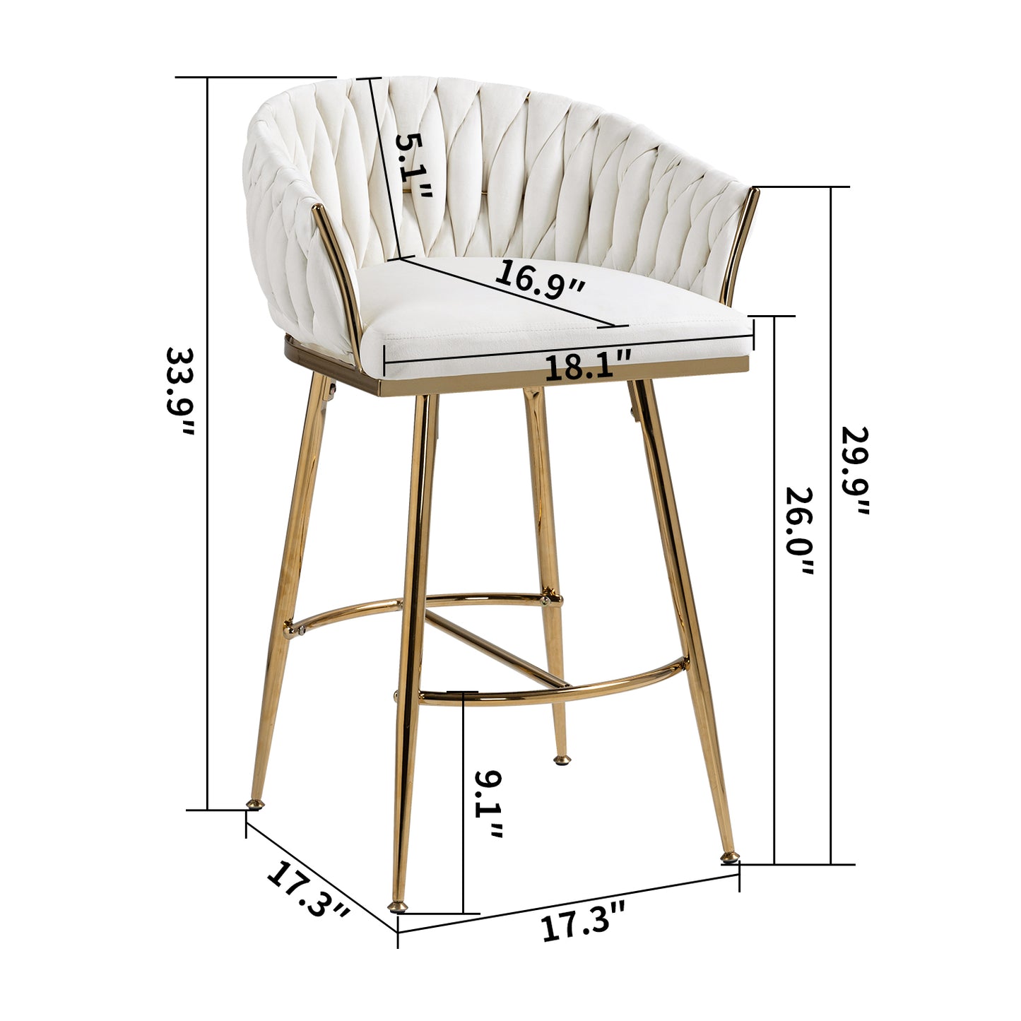 26'' Counter height bar stools velvet kitchen island counter bar stool with hand- wave back,golden chromed base and footrest (BEIGE) image 8