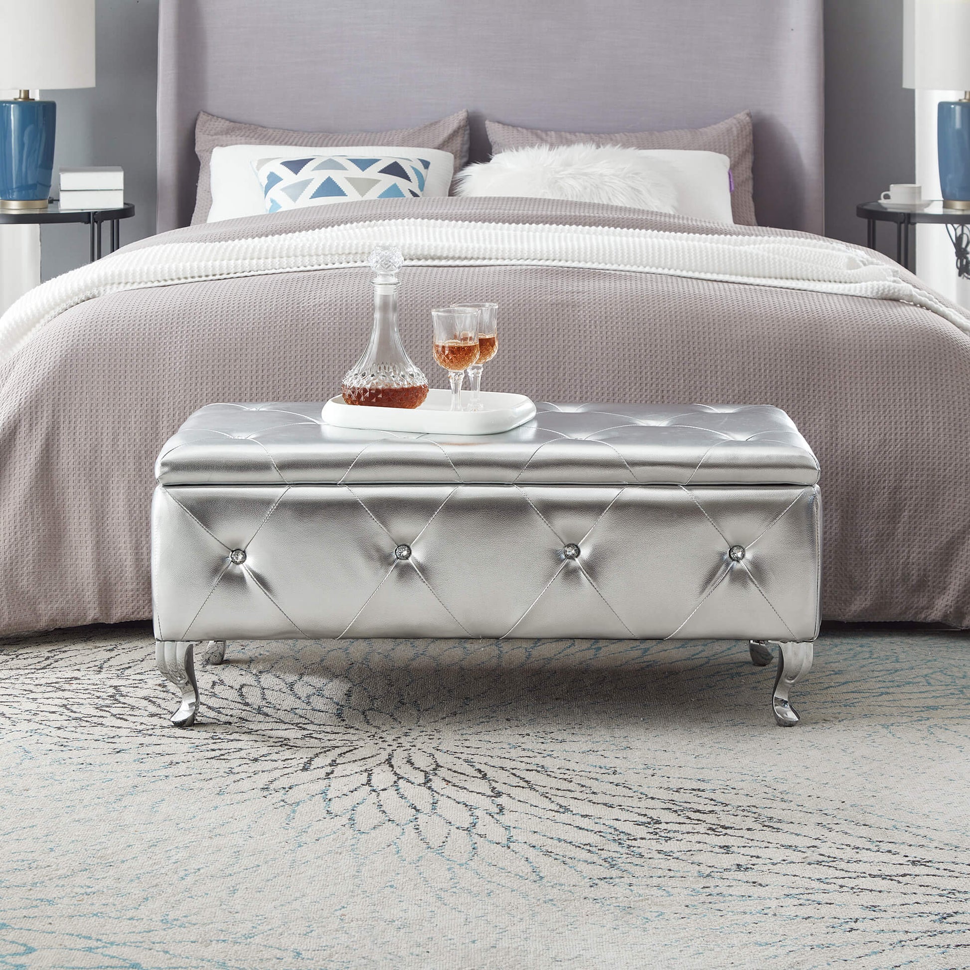Upholstered Storage Ottoman Bench For Bedroom End Of Bed Faux Leather Rectangular Storage Benches Footrest With Crystal Buttons For Living Room Entryway (Silver) image 1