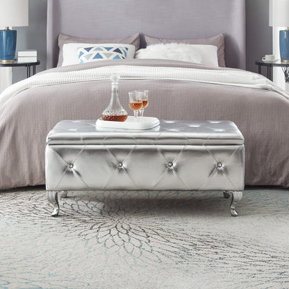 Upholstered Storage Ottoman Bench For Bedroom End Of Bed Faux Leather Rectangular Storage Benches Footrest With Crystal Buttons For Living Room Entryway (Silver) image 1