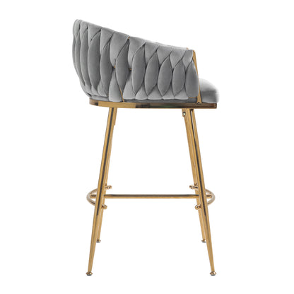 26'' Counter height bar stools Set of 2,velvet kitchen island counter bar stool with hand- wave back,golden chromed base and foot rest(GREY) image 5