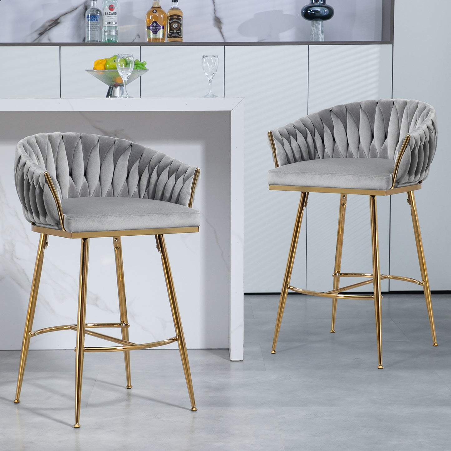 26'' Counter height bar stools Set of 2,velvet kitchen island counter bar stool with hand- wave back,golden chromed base and foot rest(GREY) image 2