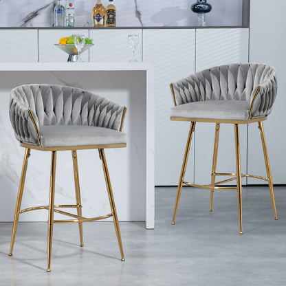 26'' Counter height bar stools Set of 2,velvet kitchen island counter bar stool with hand- wave back,golden chromed base and foot rest(GREY) image 2
