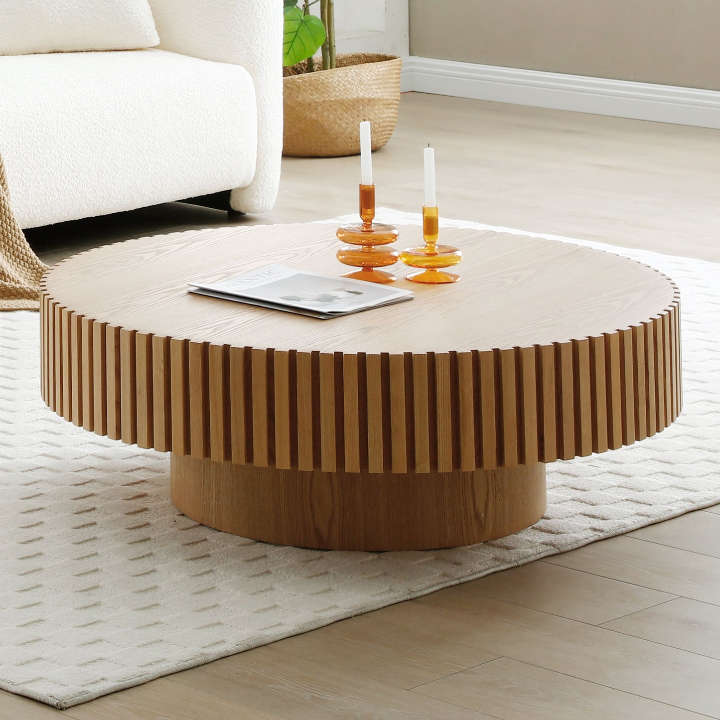 35.43'' Round Wood Coffee Table for Living Room, Modern Handcraft Drum Coffee Table, Circle Wooden Coffee Table for Small Space Apartment ASH.(Same Sku:W876P254011) image 2