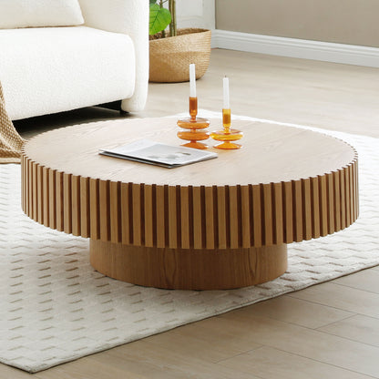 35.43'' Round Wood Coffee Table for Living Room, Modern Handcraft Drum Coffee Table, Circle Wooden Coffee Table for Small Space Apartment ASH.(Same Sku:W876P254011) image 2