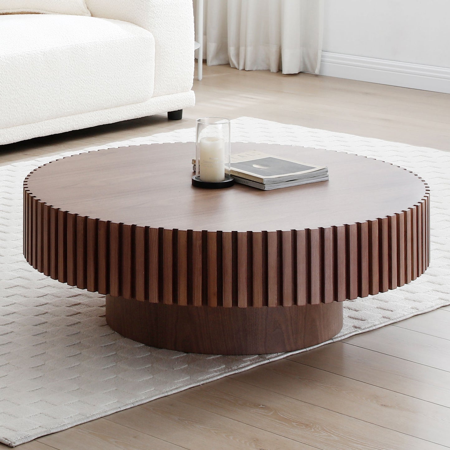 31.49'' Round Coffee Table Small Coffee Table for Apartment, Modern Living Room Coffee Table with Sturdy Pedestal,WALNUT (Same Sku:W876P243947) image 6