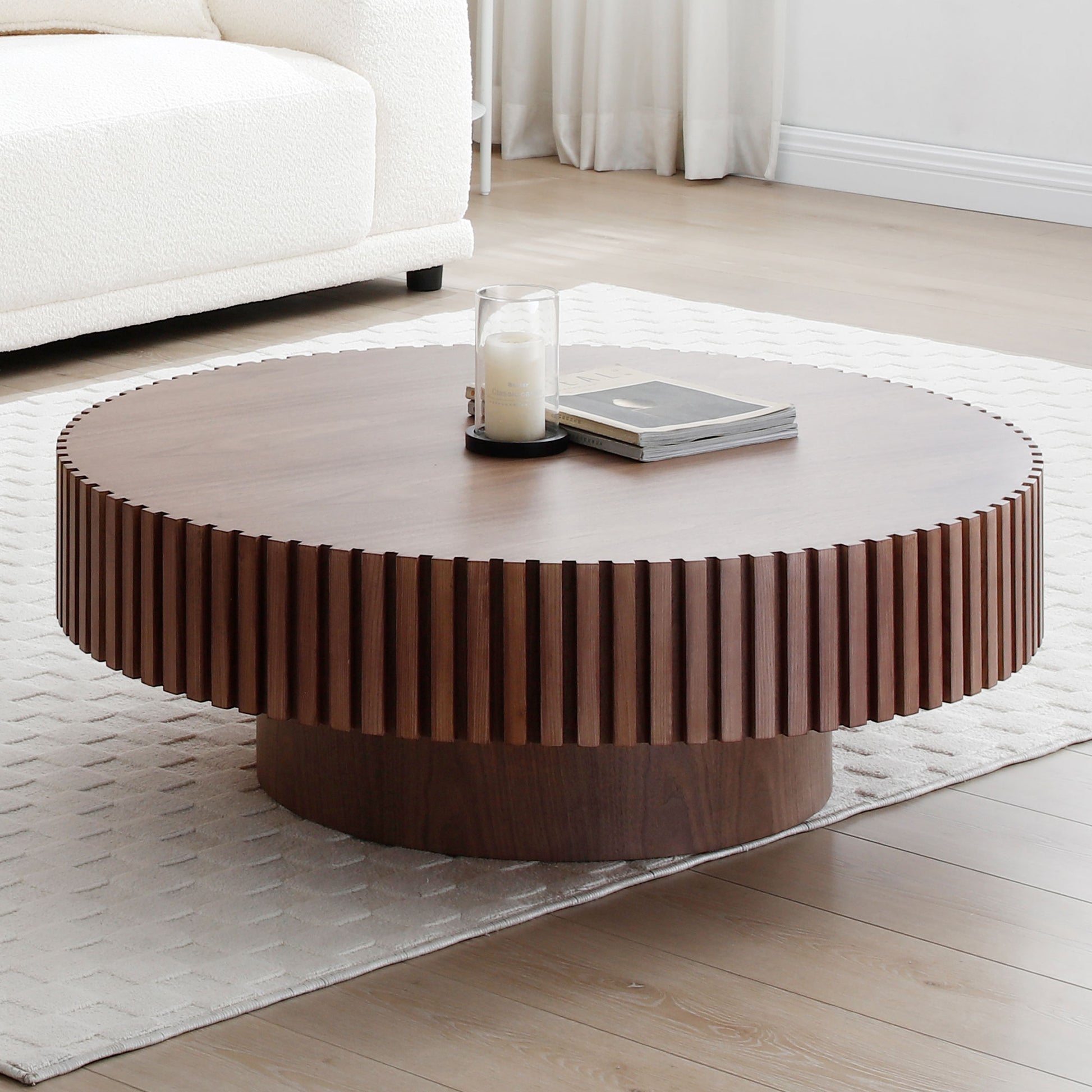 31.49'' Round Coffee Table Small Coffee Table for Apartment, Modern Living Room Coffee Table with Sturdy Pedestal,WALNUT (Same Sku:W876P243947) image 6