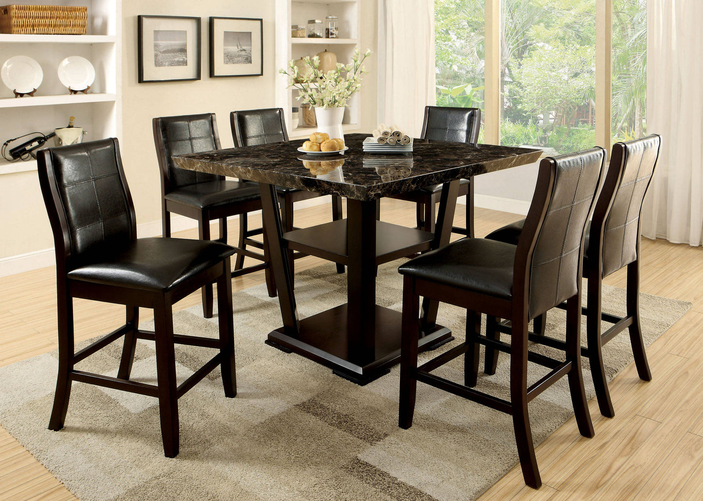 Transitional Dining Room Counter Height Chairs Set of 2pc High Chairs only Brown Cherry Unique Curved Back Espresso Leatherette Padded Seat image 11