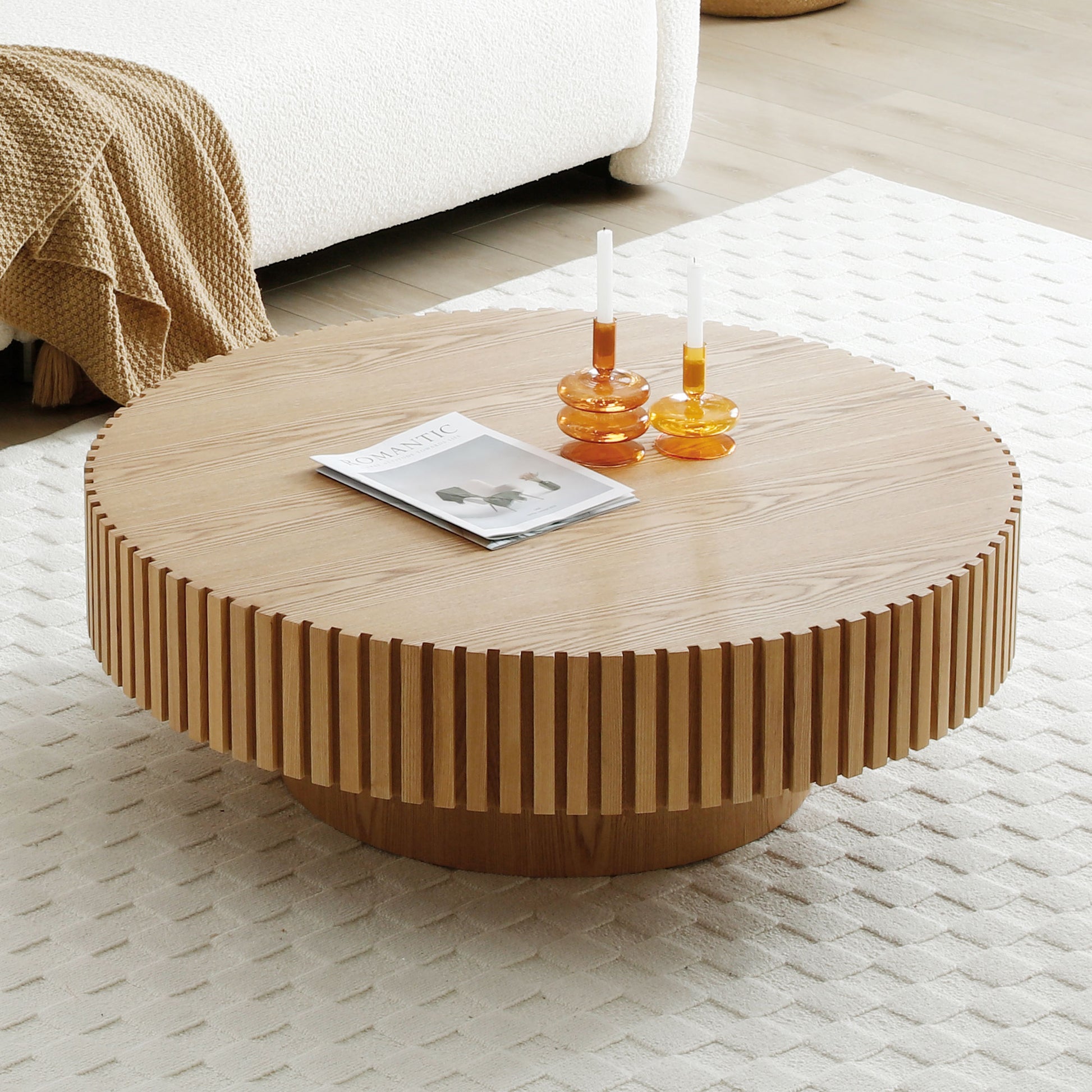 35.43'' Round Wood Coffee Table for Living Room, Modern Handcraft Drum Coffee Table, Circle Wooden Coffee Table for Small Space Apartment ASH.(Same Sku:W876P254011) image 4