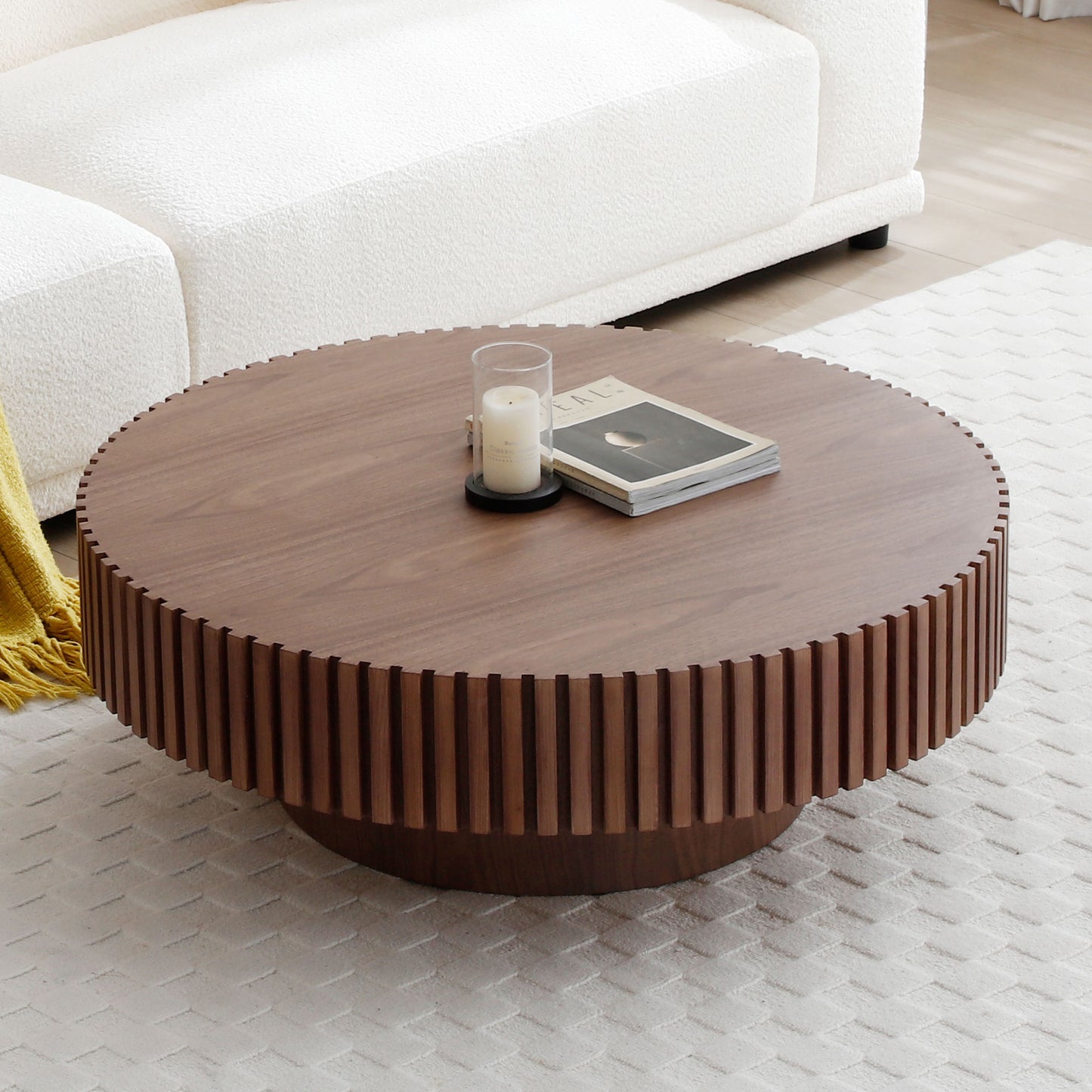 31.49'' Round Coffee Table Small Coffee Table for Apartment, Modern Living Room Coffee Table with Sturdy Pedestal,WALNUT (Same Sku:W876P243947) image 5