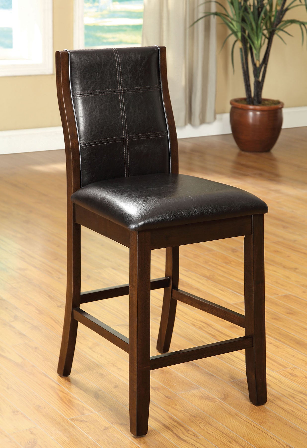 Transitional Dining Room Counter Height Chairs Set of 2pc High Chairs only Brown Cherry Unique Curved Back Espresso Leatherette Padded Seat image 2