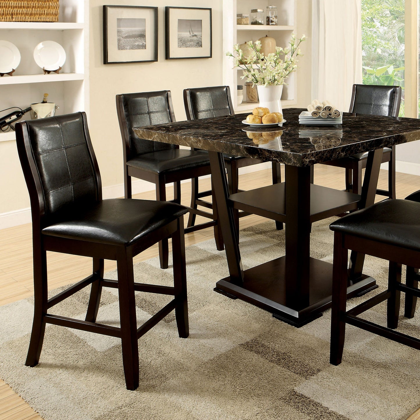 Transitional Dining Room Counter Height Chairs Set of 2pc High Chairs only Brown Cherry Unique Curved Back Espresso Leatherette Padded Seat image 3