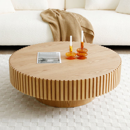 35.43'' Round Wood Coffee Table for Living Room, Modern Handcraft Drum Coffee Table, Circle Wooden Coffee Table for Small Space Apartment ASH.(Same Sku:W876P254011) image 7