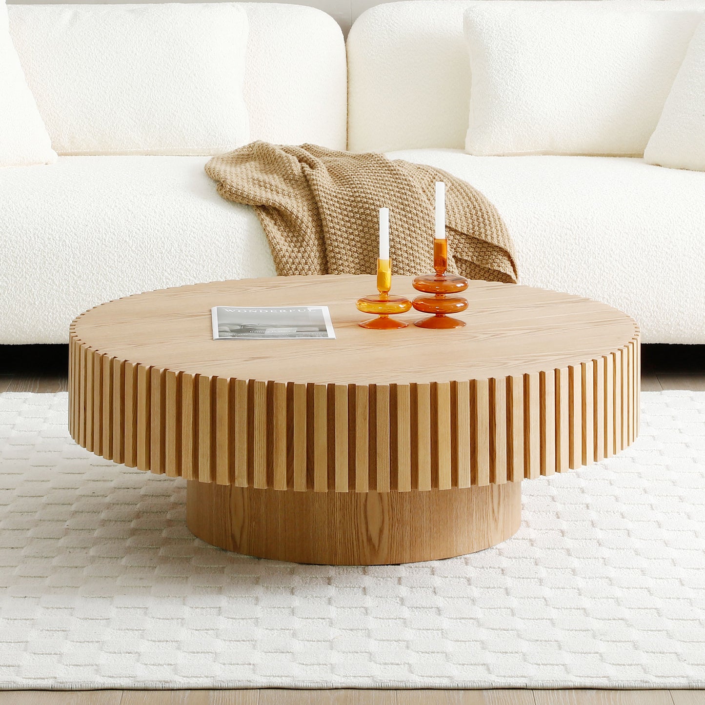 35.43'' Round Wood Coffee Table for Living Room, Modern Handcraft Drum Coffee Table, Circle Wooden Coffee Table for Small Space Apartment ASH.(Same Sku:W876P254011) image 6
