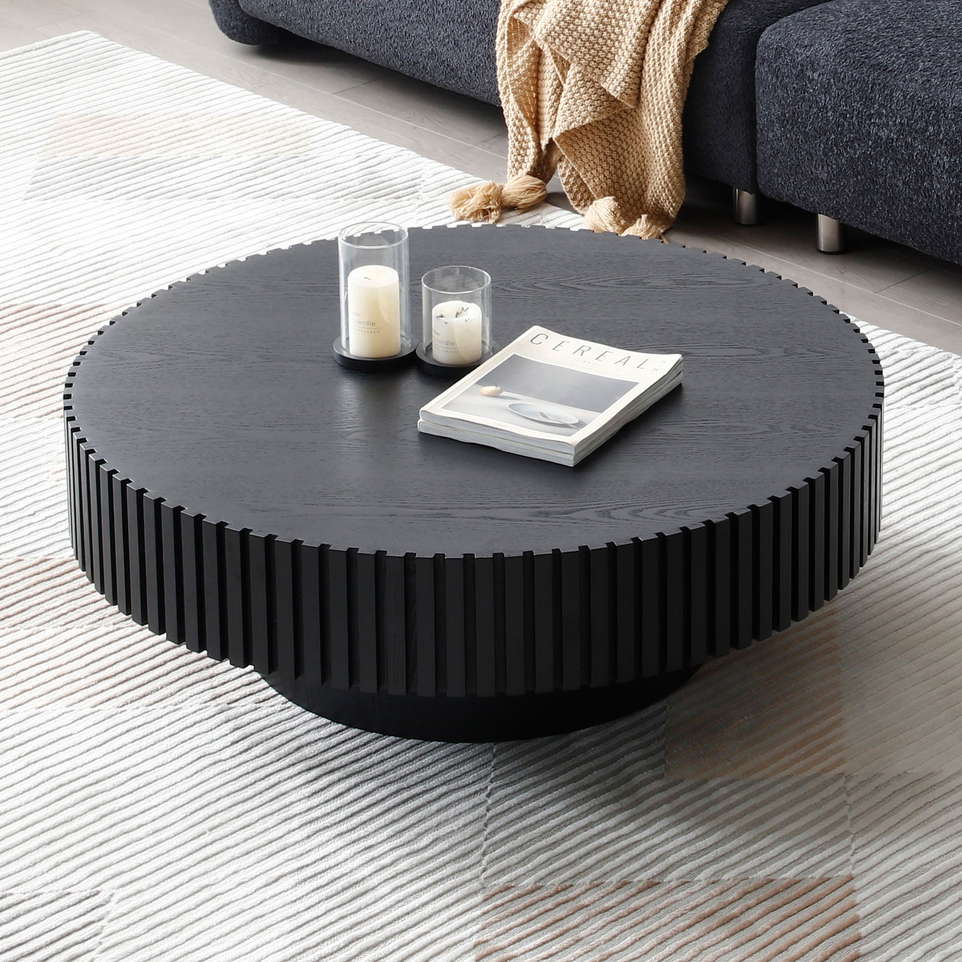 31.49'' Nesting Round Wood Coffee table for Apartment, Modern Living Room Coffee Table with Sturdy Pedestal,BLACK (Same Sku:W876P243950) image 9