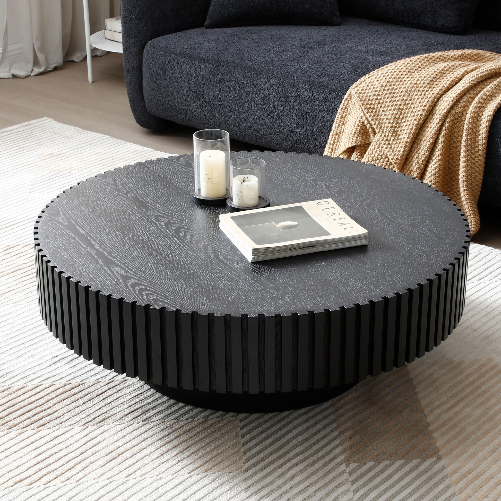 31.49'' Nesting Round Wood Coffee table for Apartment, Modern Living Room Coffee Table with Sturdy Pedestal,BLACK (Same Sku:W876P243950) image 6