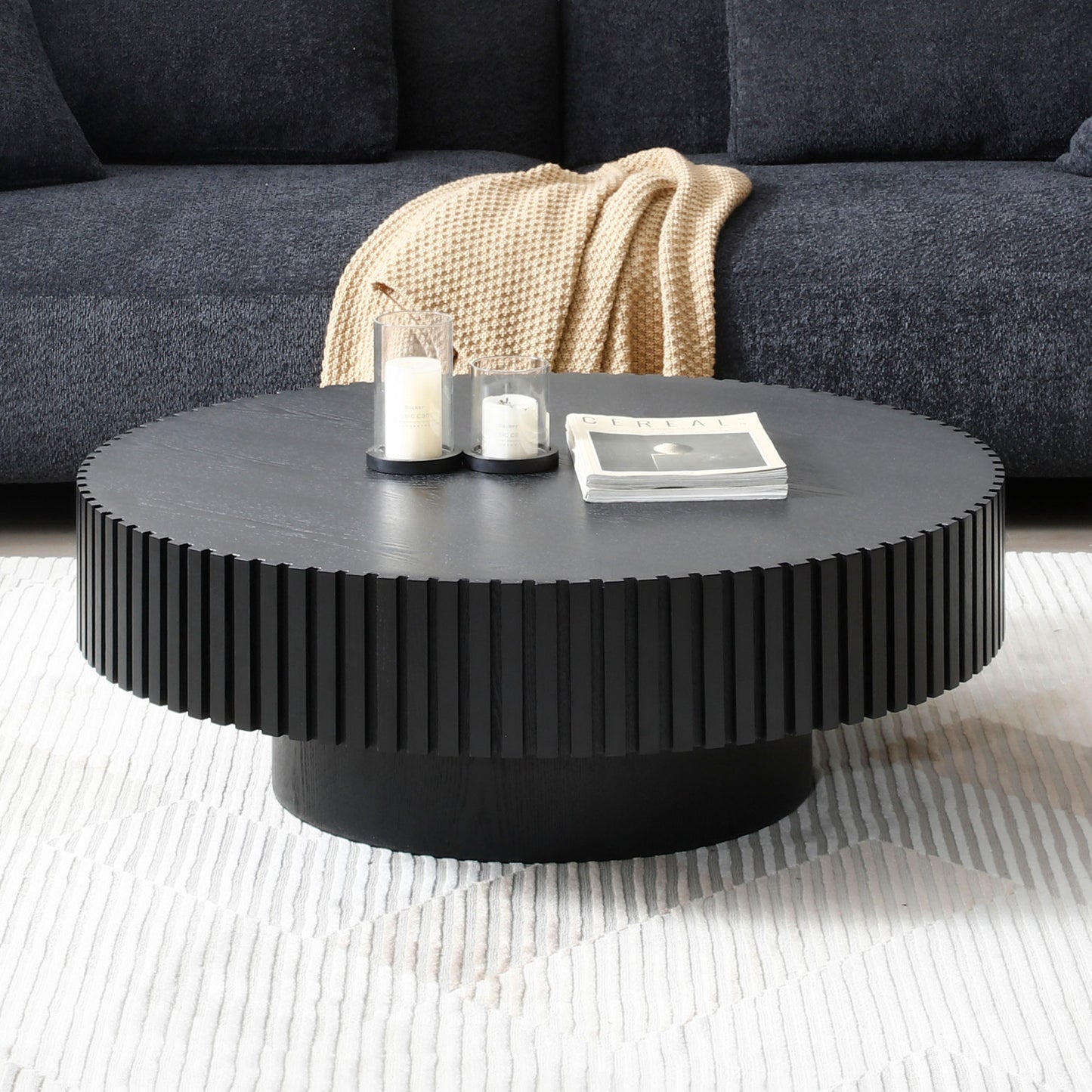 31.49'' Nesting Round Wood Coffee table for Apartment, Modern Living Room Coffee Table with Sturdy Pedestal,BLACK (Same Sku:W876P243950) image 8