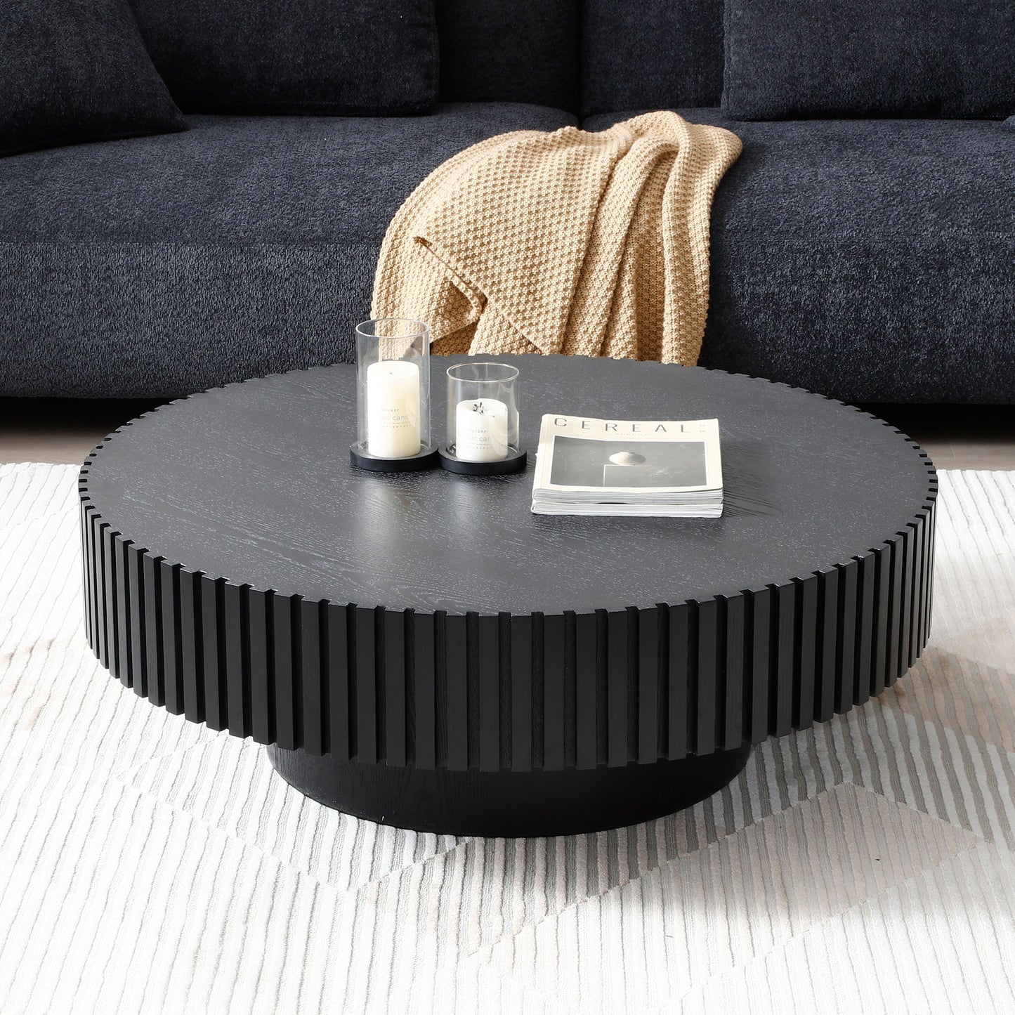 31.49'' Nesting Round Wood Coffee table for Apartment, Modern Living Room Coffee Table with Sturdy Pedestal,BLACK (Same Sku:W876P243950) image 2