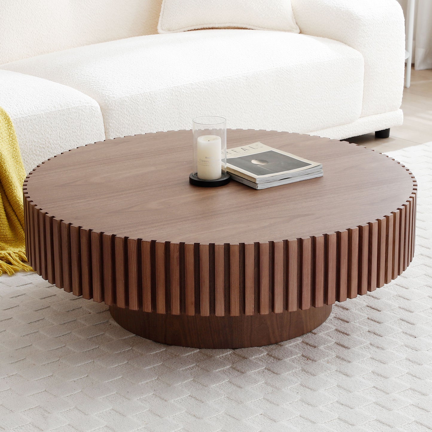 31.49'' Round Coffee Table Small Coffee Table for Apartment, Modern Living Room Coffee Table with Sturdy Pedestal,WALNUT (Same Sku:W876P243947) image 3