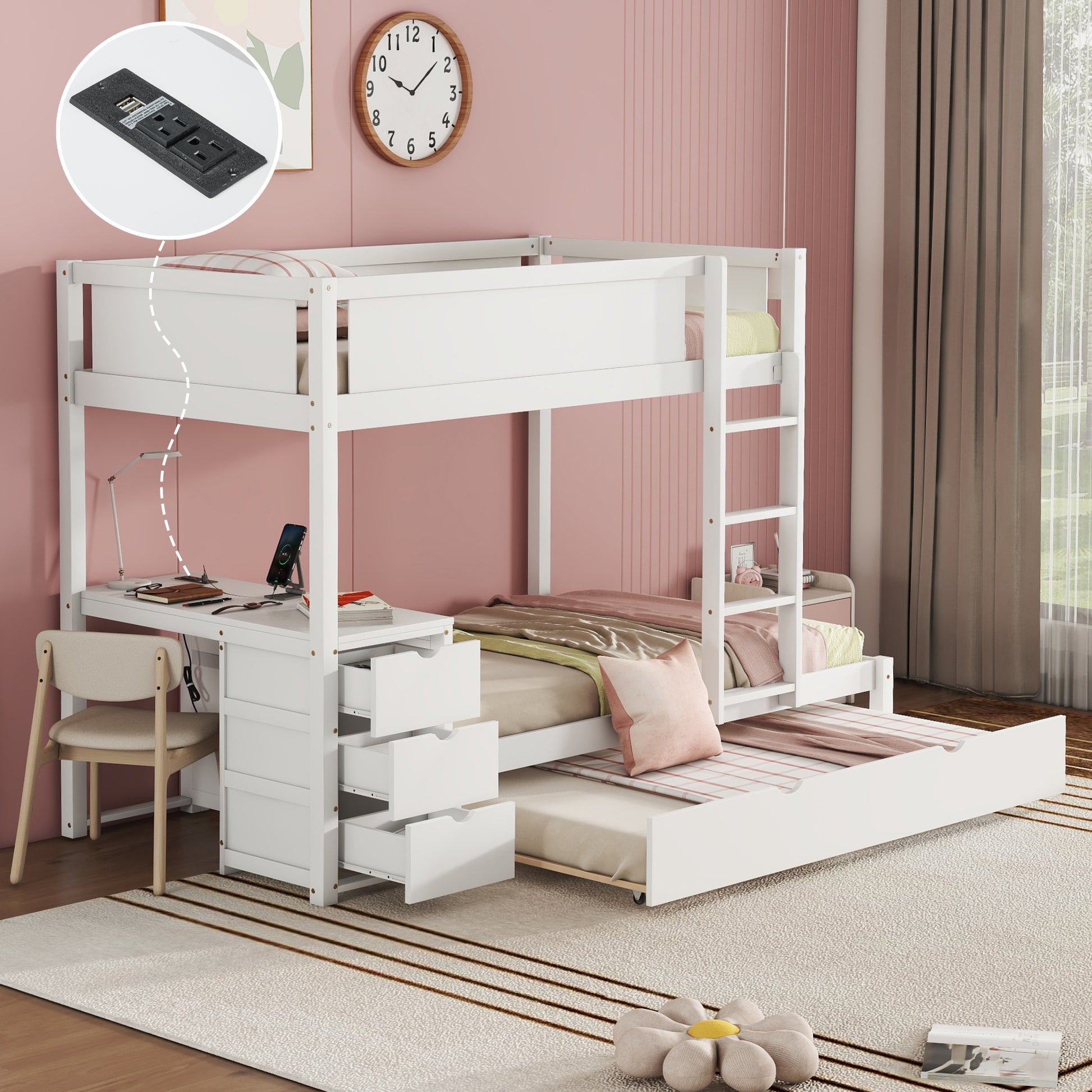 Twin-Over-Twin Bunk Bed with Twin size Trundle, Storage and Desk, White(OLD SKU:LT000363AAK) image 3