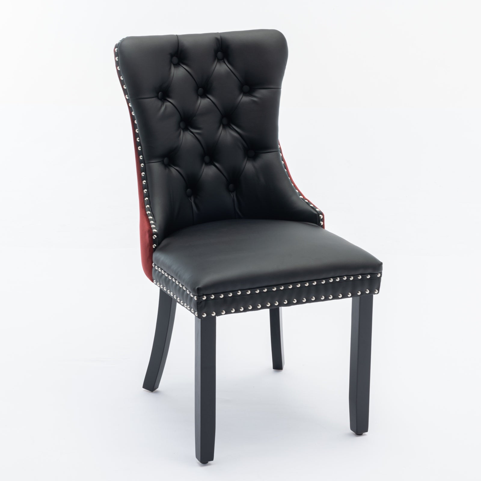 A&A Furniture, Nikki Collection Modern, High-end Tufted Solid Wood Contemporary PU and Velvet Upholstered Dining Chair with Wood Legs Nailhead Trim 2-Pcs Set, Black+WineRed, Burgundy,SW2101BW image 4