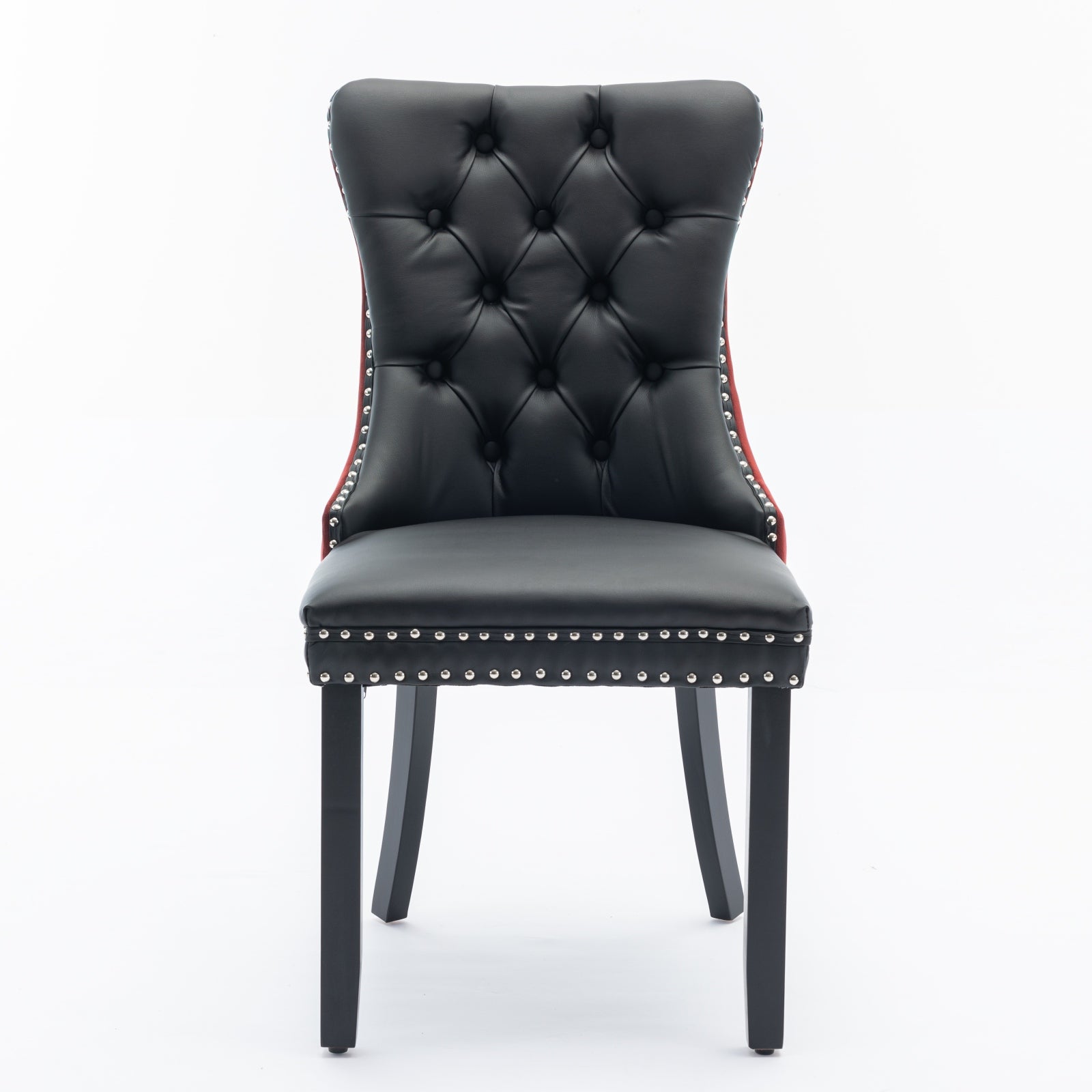 A&A Furniture, Nikki Collection Modern, High-end Tufted Solid Wood Contemporary PU and Velvet Upholstered Dining Chair with Wood Legs Nailhead Trim 2-Pcs Set, Black+WineRed, Burgundy,SW2101BW image 2
