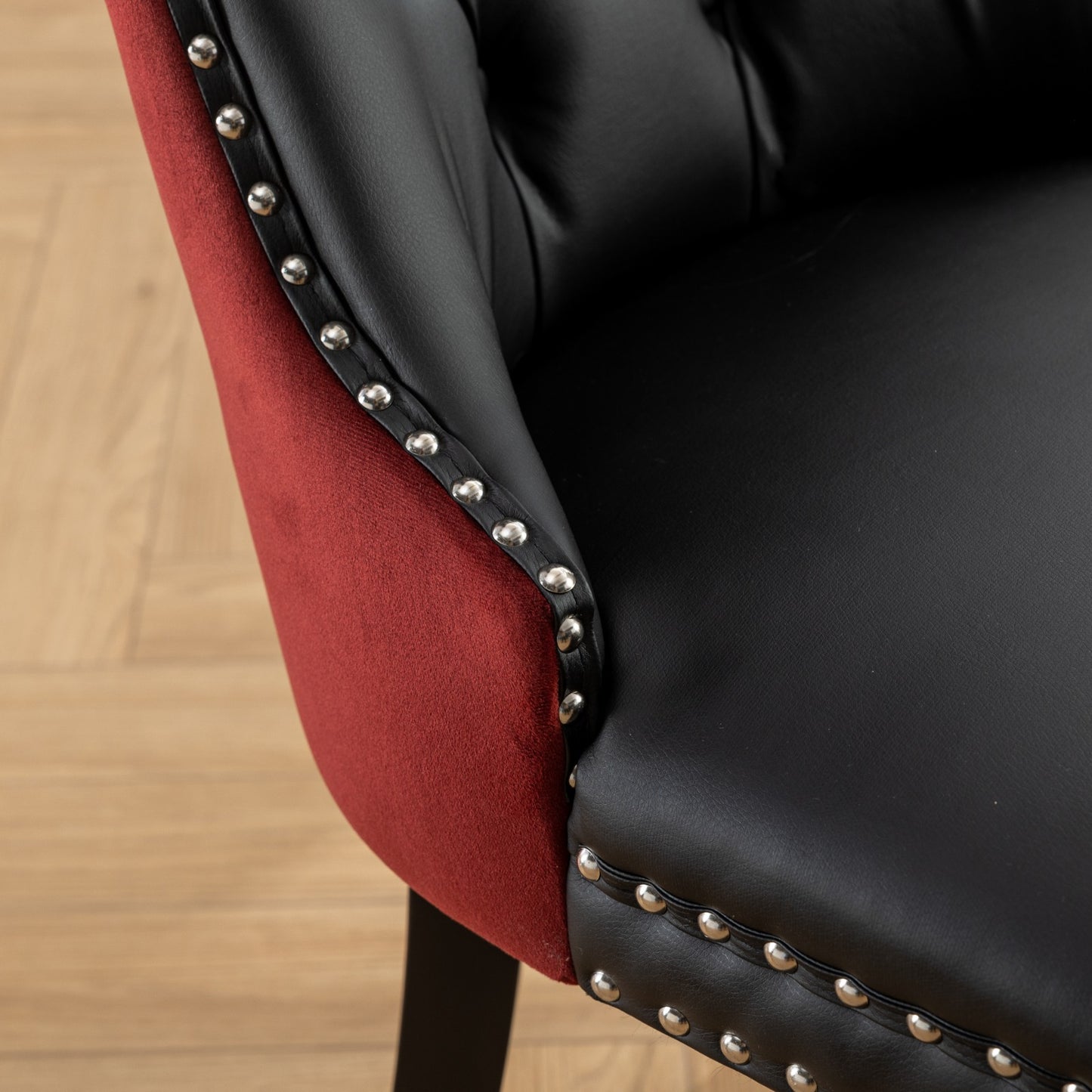 A&A Furniture, Nikki Collection Modern, High-end Tufted Solid Wood Contemporary PU and Velvet Upholstered Dining Chair with Wood Legs Nailhead Trim 2-Pcs Set, Black+WineRed, Burgundy,SW2101BW image 11