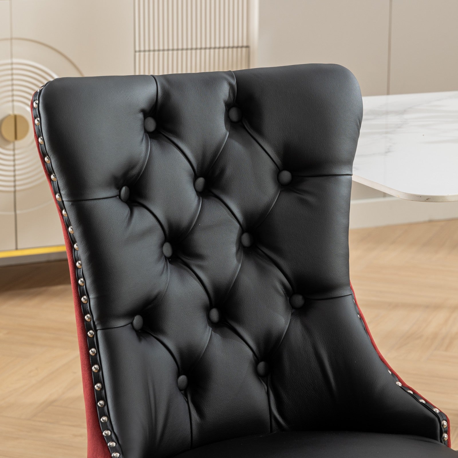 A&A Furniture, Nikki Collection Modern, High-end Tufted Solid Wood Contemporary PU and Velvet Upholstered Dining Chair with Wood Legs Nailhead Trim 2-Pcs Set, Black+WineRed, Burgundy,SW2101BW image 9