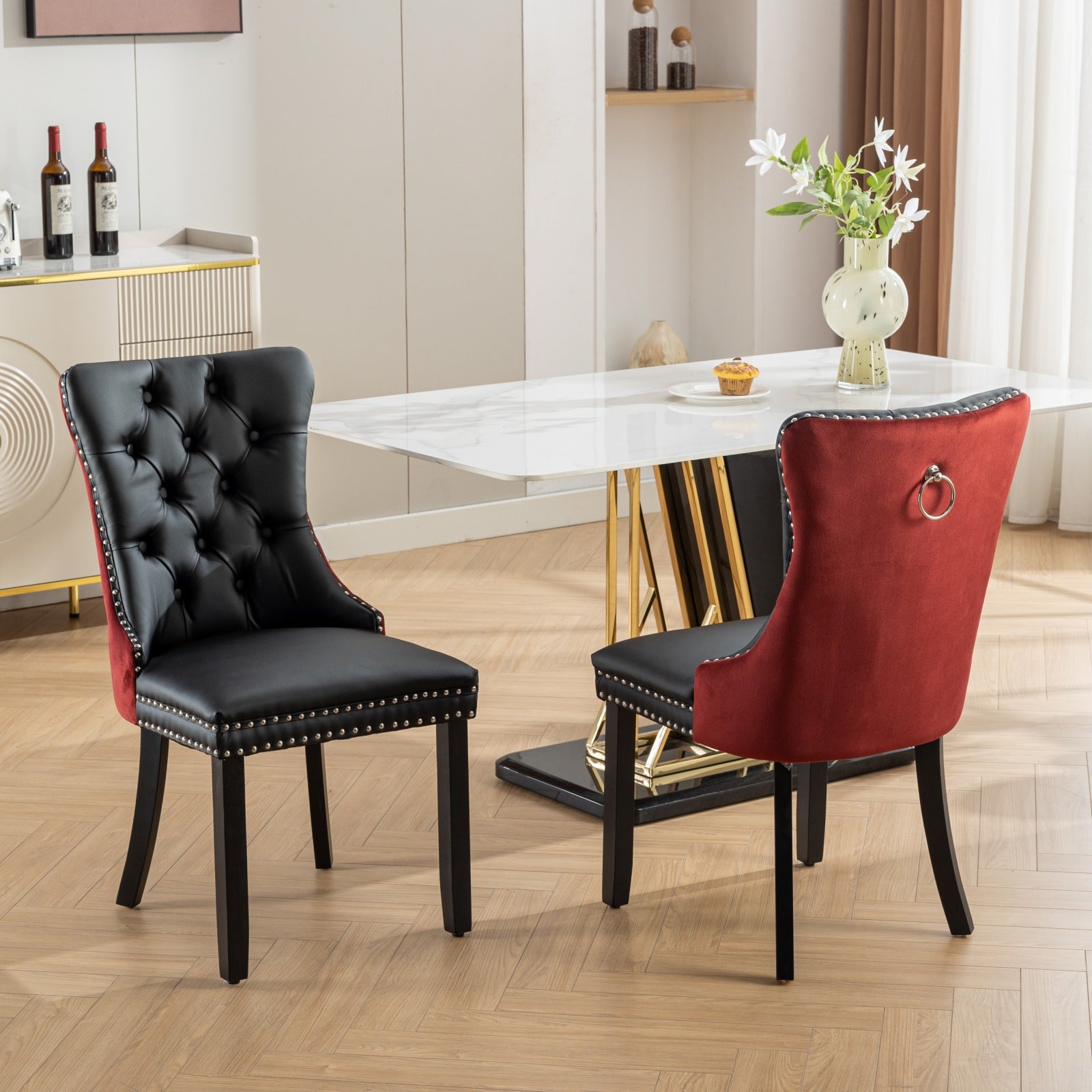 A&A Furniture, Nikki Collection Modern, High-end Tufted Solid Wood Contemporary PU and Velvet Upholstered Dining Chair with Wood Legs Nailhead Trim 2-Pcs Set, Black+WineRed, Burgundy,SW2101BW image 1