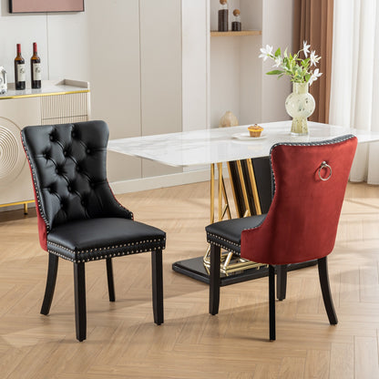 A&A Furniture, Nikki Collection Modern, High-end Tufted Solid Wood Contemporary PU and Velvet Upholstered Dining Chair with Wood Legs Nailhead Trim 2-Pcs Set, Black+WineRed, Burgundy,SW2101BW image 1
