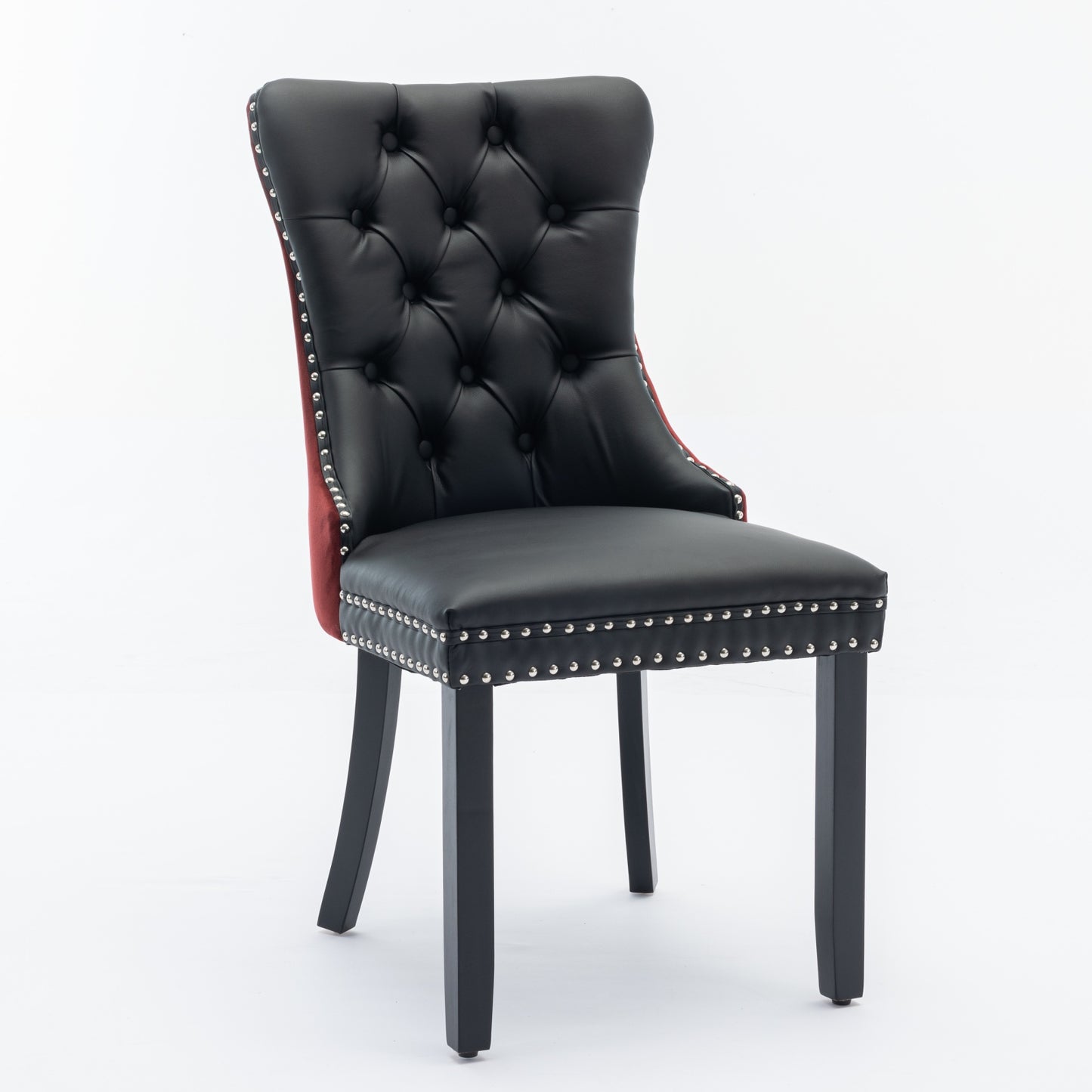 A&A Furniture, Nikki Collection Modern, High-end Tufted Solid Wood Contemporary PU and Velvet Upholstered Dining Chair with Wood Legs Nailhead Trim 2-Pcs Set, Black+WineRed, Burgundy,SW2101BW image 3