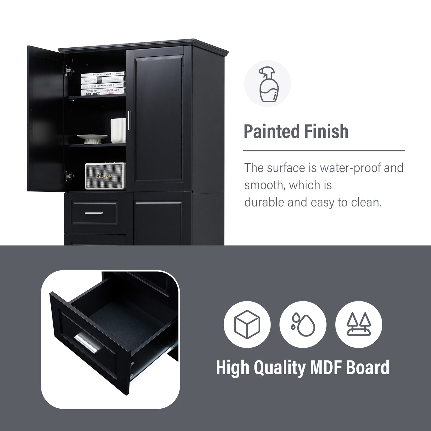 Tall and Wide Storage Cabinet with Doors for Bathroom/Office, Three Drawers, Black(Old SKU:WF299285AAB) image 11