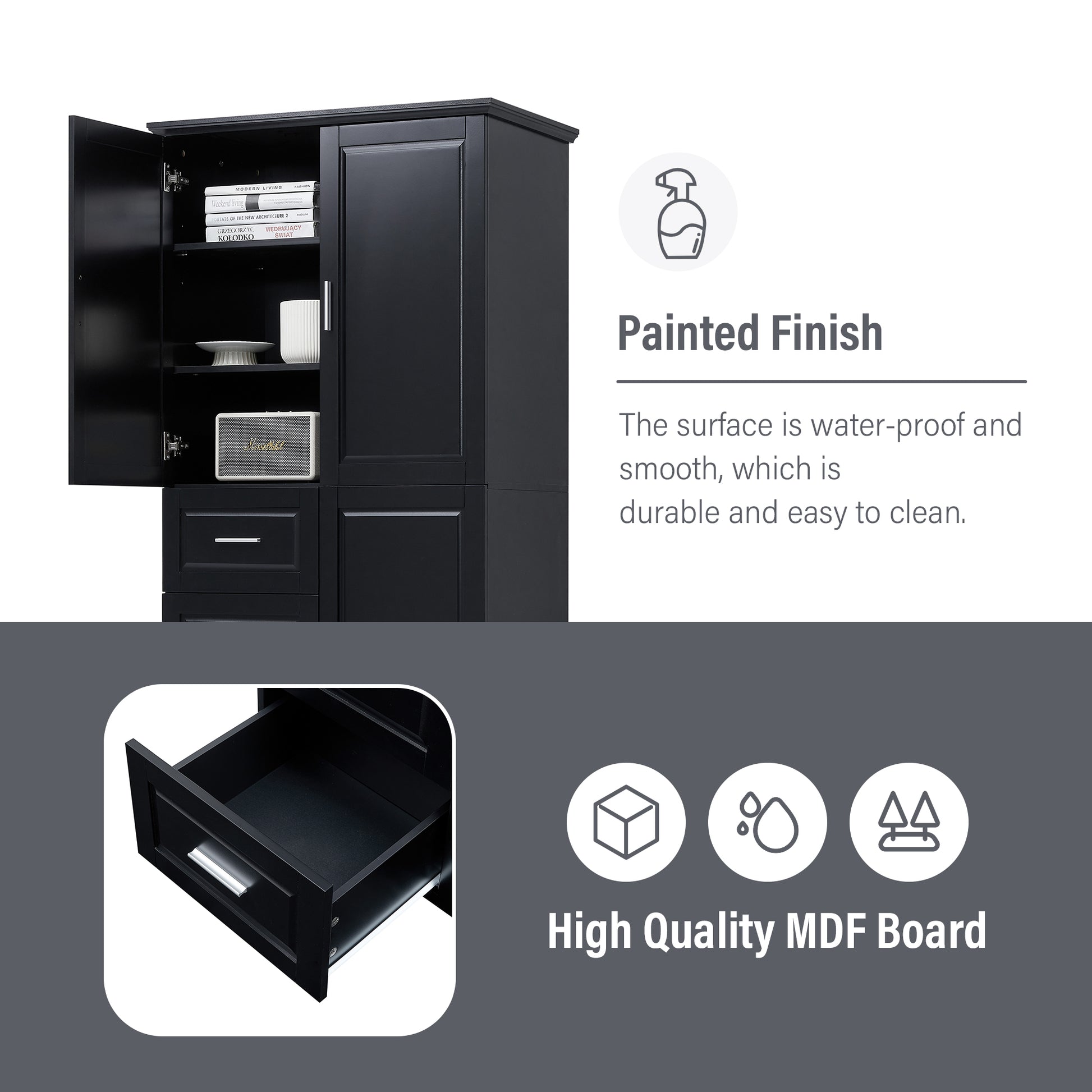 Tall and Wide Storage Cabinet with Doors for Bathroom/Office, Three Drawers, Black(Old SKU:WF299285AAB) image 11