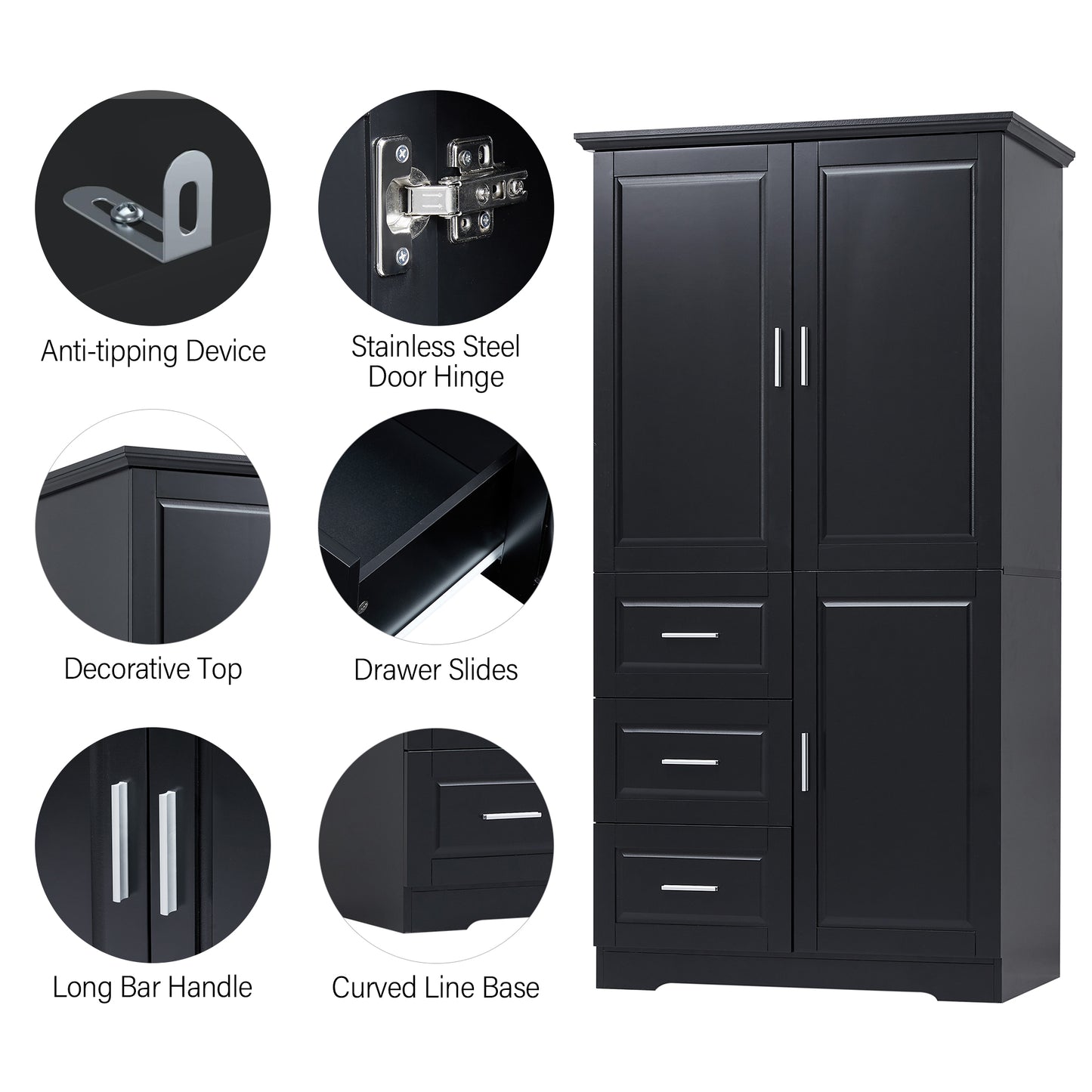 Tall and Wide Storage Cabinet with Doors for Bathroom/Office, Three Drawers, Black(Old SKU:WF299285AAB) image 10