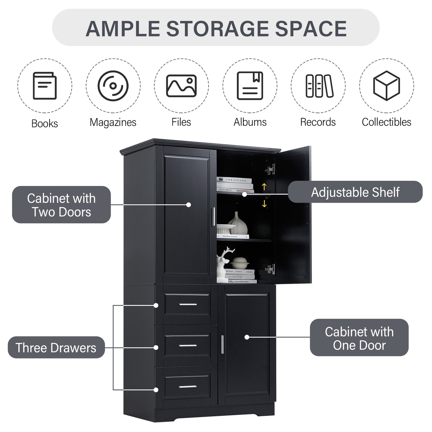 Tall and Wide Storage Cabinet with Doors for Bathroom/Office, Three Drawers, Black(Old SKU:WF299285AAB) image 12