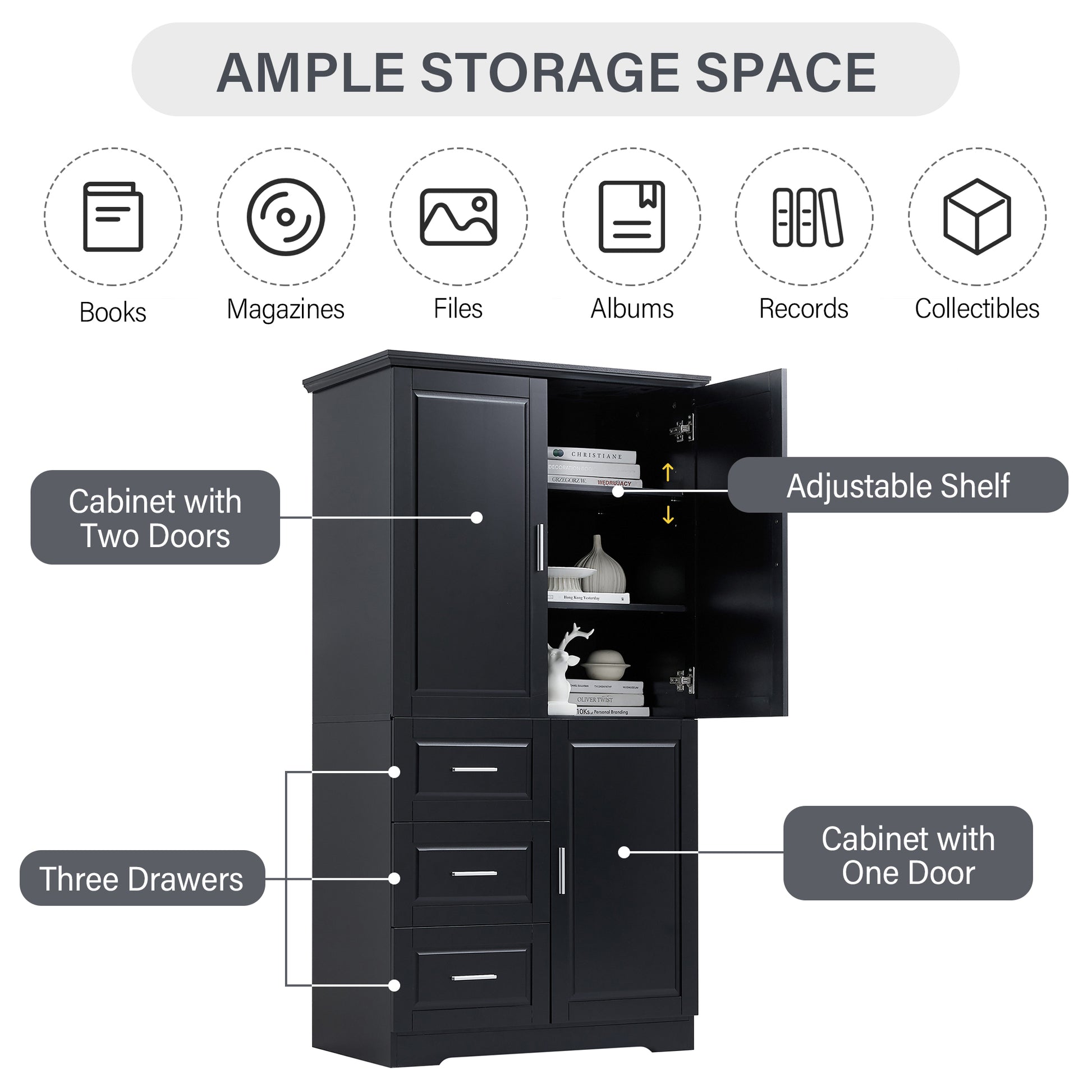 Tall and Wide Storage Cabinet with Doors for Bathroom/Office, Three Drawers, Black(Old SKU:WF299285AAB) image 12