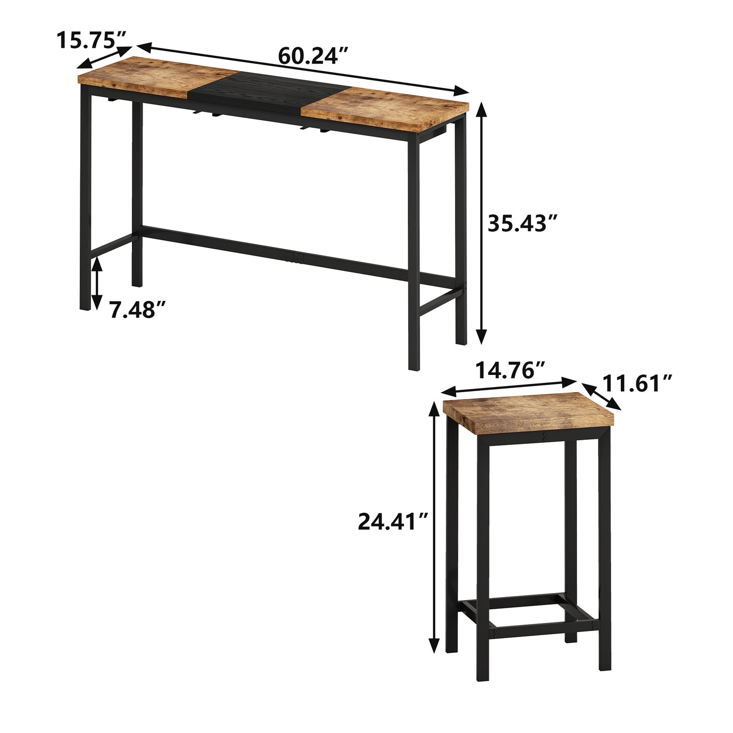 Modern Design Kitchen Dining Table, Pub Table, Long Dining Table Set with 3 Stools, Convenient Hanging Stool Design, Natural+Black,(Same SKU:W757P146463) image 6