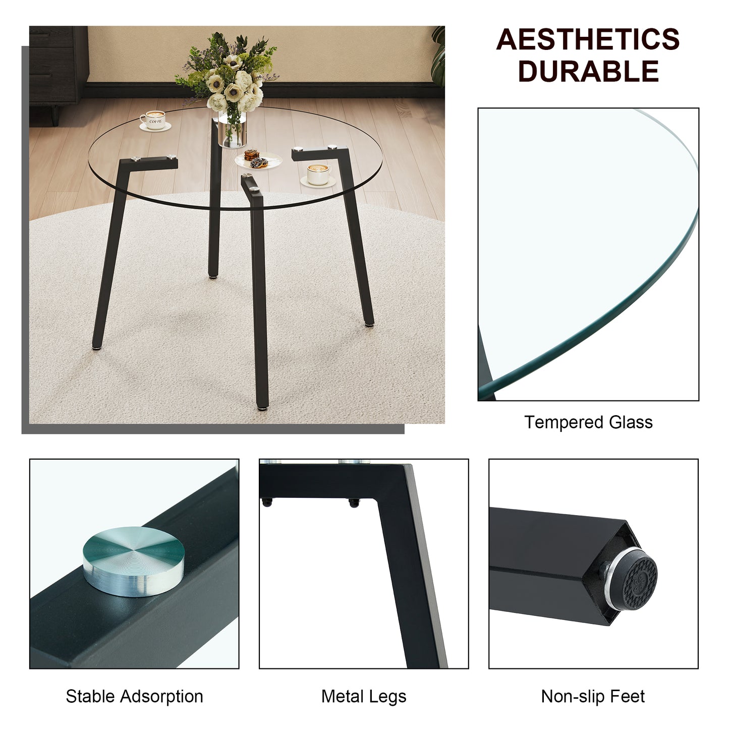 Modern simple style round transparent tempered glass table, tempered glass table top, black metal legs, suitable for kitchen, dining room and living room, 42 "*42" *29.5 "1123r image 7