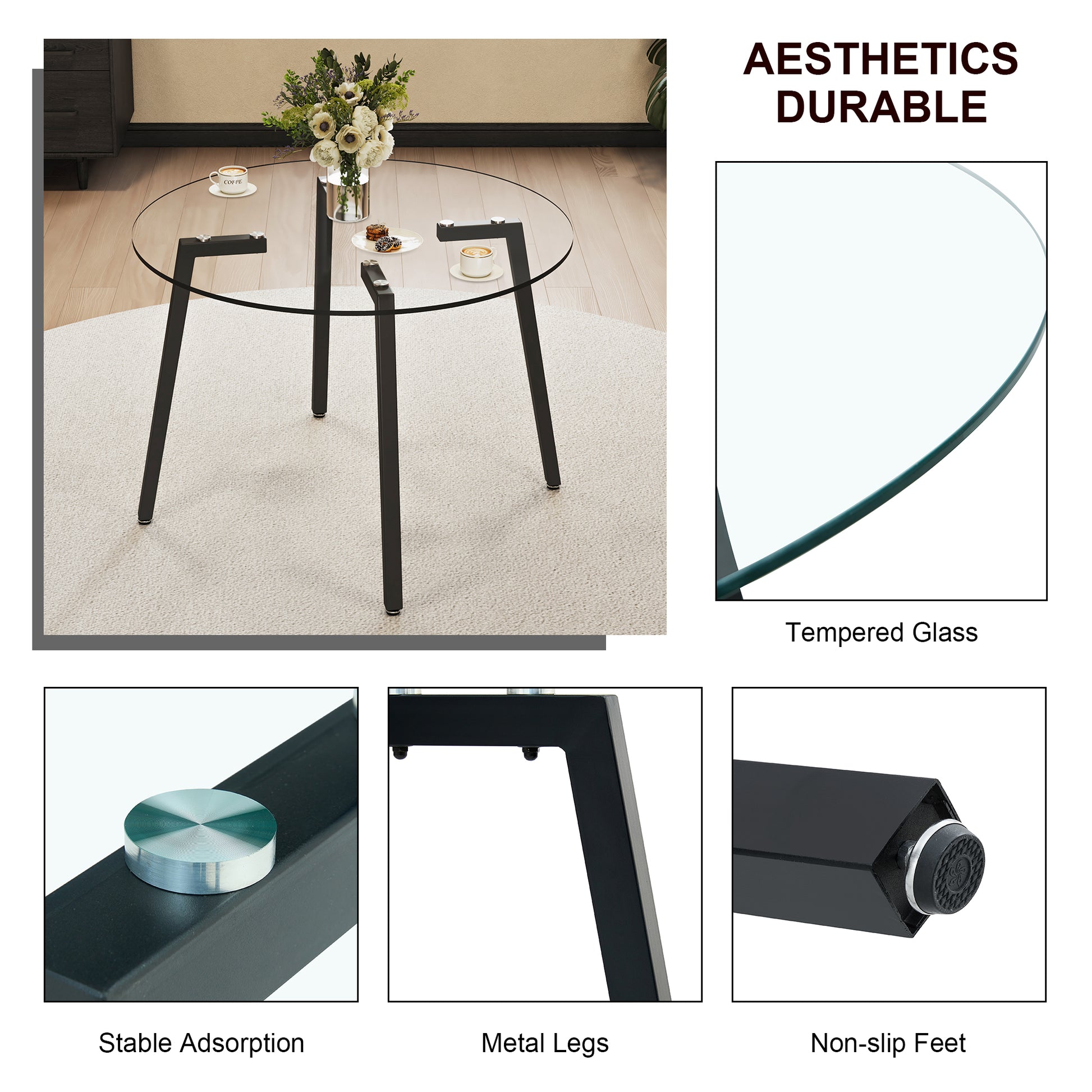 Modern simple style round transparent tempered glass table, tempered glass table top, black metal legs, suitable for kitchen, dining room and living room, 42 "*42" *29.5 "1123r image 7