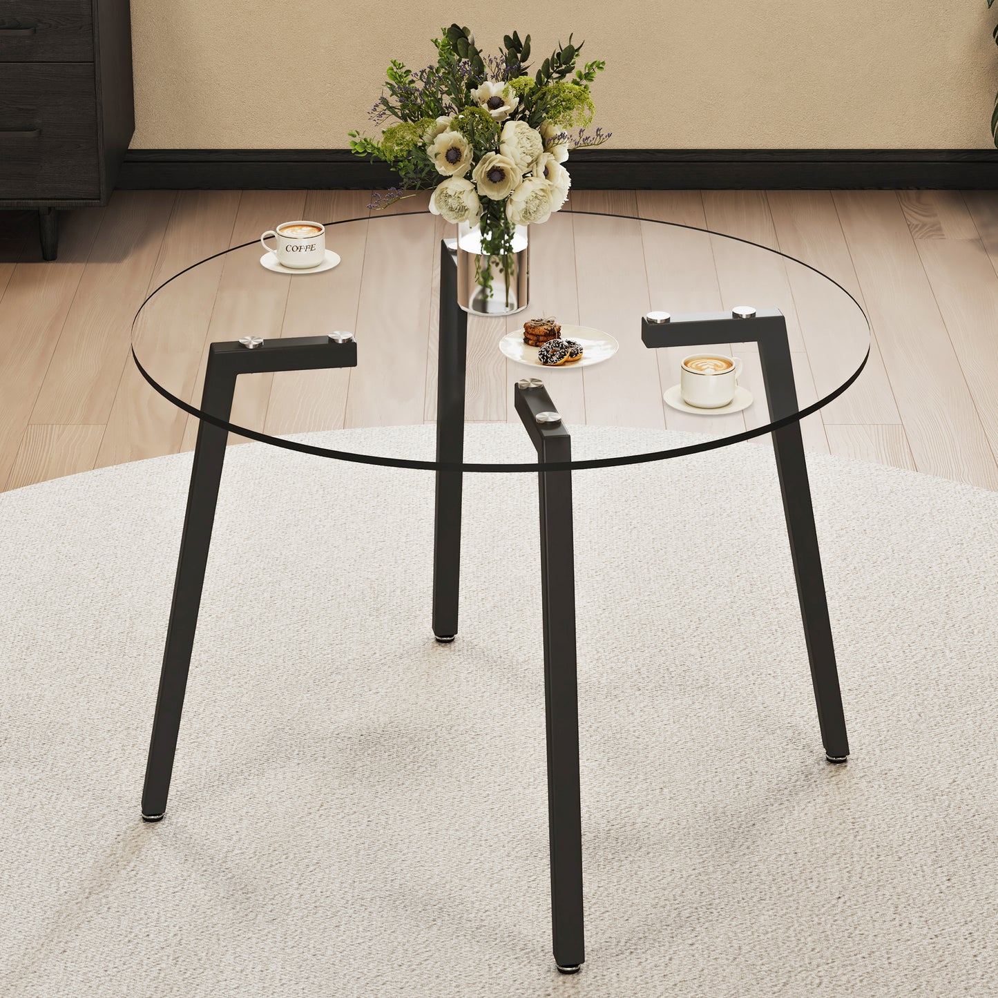 Modern simple style round transparent tempered glass table, tempered glass table top, black metal legs, suitable for kitchen, dining room and living room, 42 "*42" *29.5 "1123r image 1