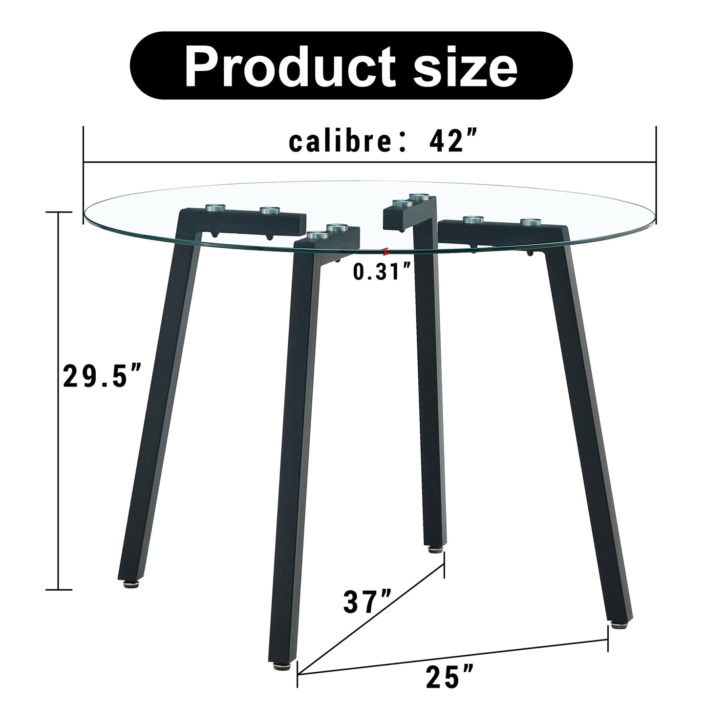 Modern simple style round transparent tempered glass table, tempered glass table top, black metal legs, suitable for kitchen, dining room and living room, 42 "*42" *29.5 "1123r image 4