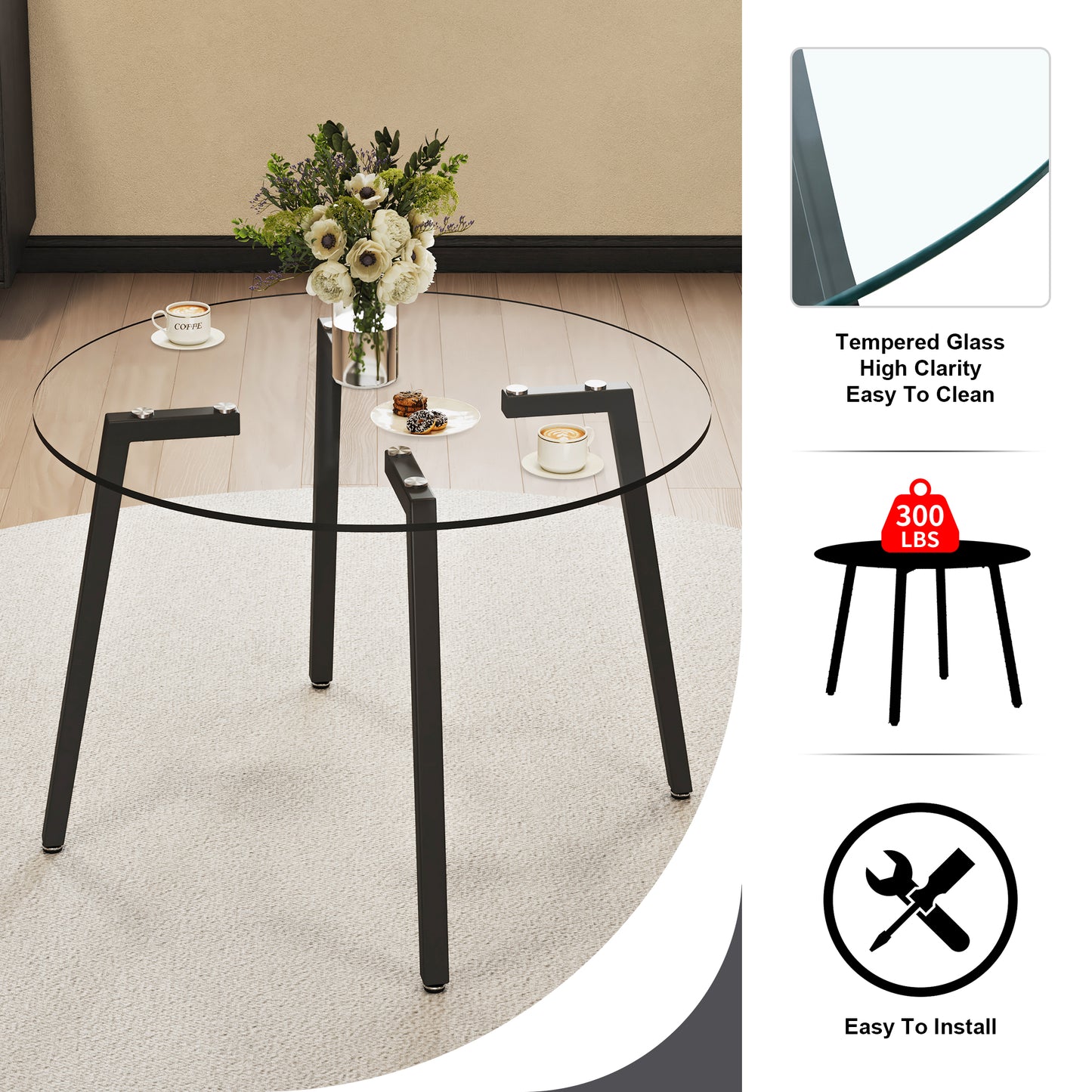Modern simple style round transparent tempered glass table, tempered glass table top, black metal legs, suitable for kitchen, dining room and living room, 42 "*42" *29.5 "1123r image 6