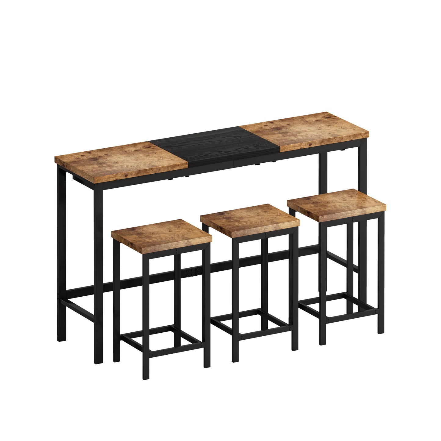 Modern Design Kitchen Dining Table, Pub Table, Long Dining Table Set with 3 Stools, Convenient Hanging Stool Design, Natural+Black,(Same SKU:W757P146463) image 10